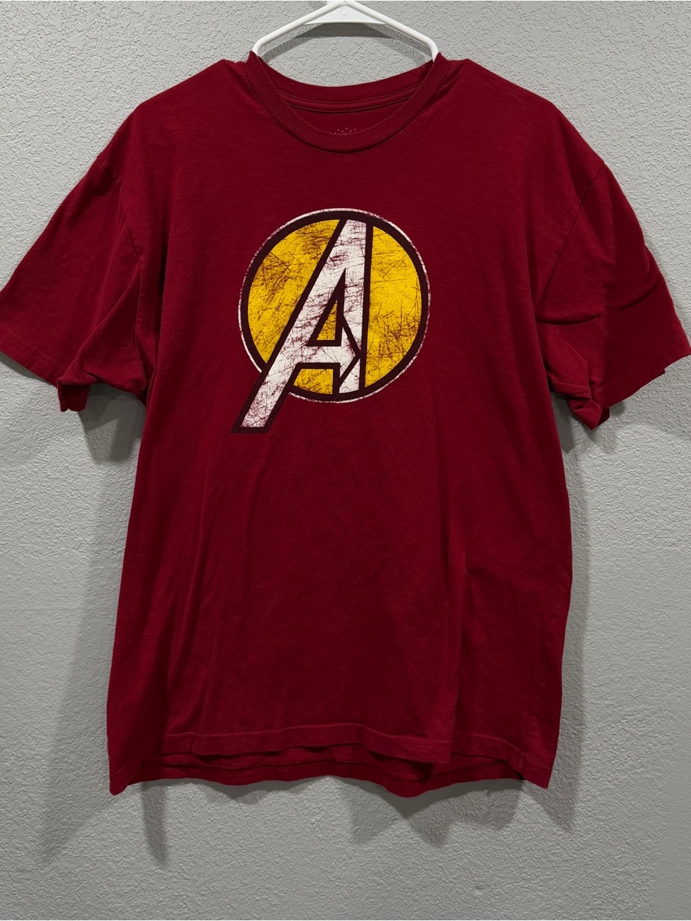Marvel Men's Dark Red Short-Sleeve Tee with Yellow Emblem